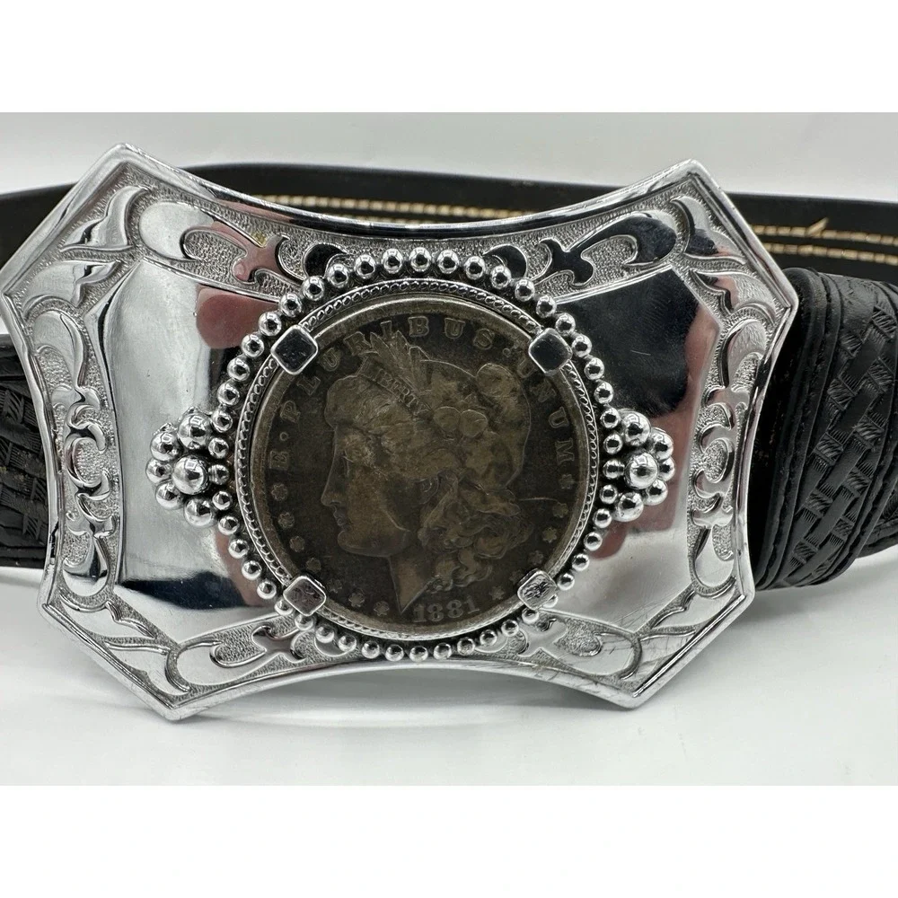 1881 Morgan Silver Dollar Coin Western Leather Belt Size 40 Cowboy Buckle